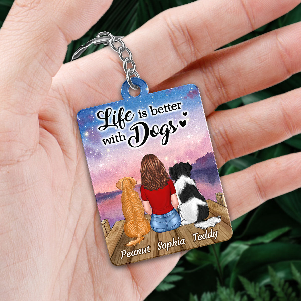 Life Is Better With Dogs Woman & Dogs Sitting On Bridge Personalized Acrylic Keychain
