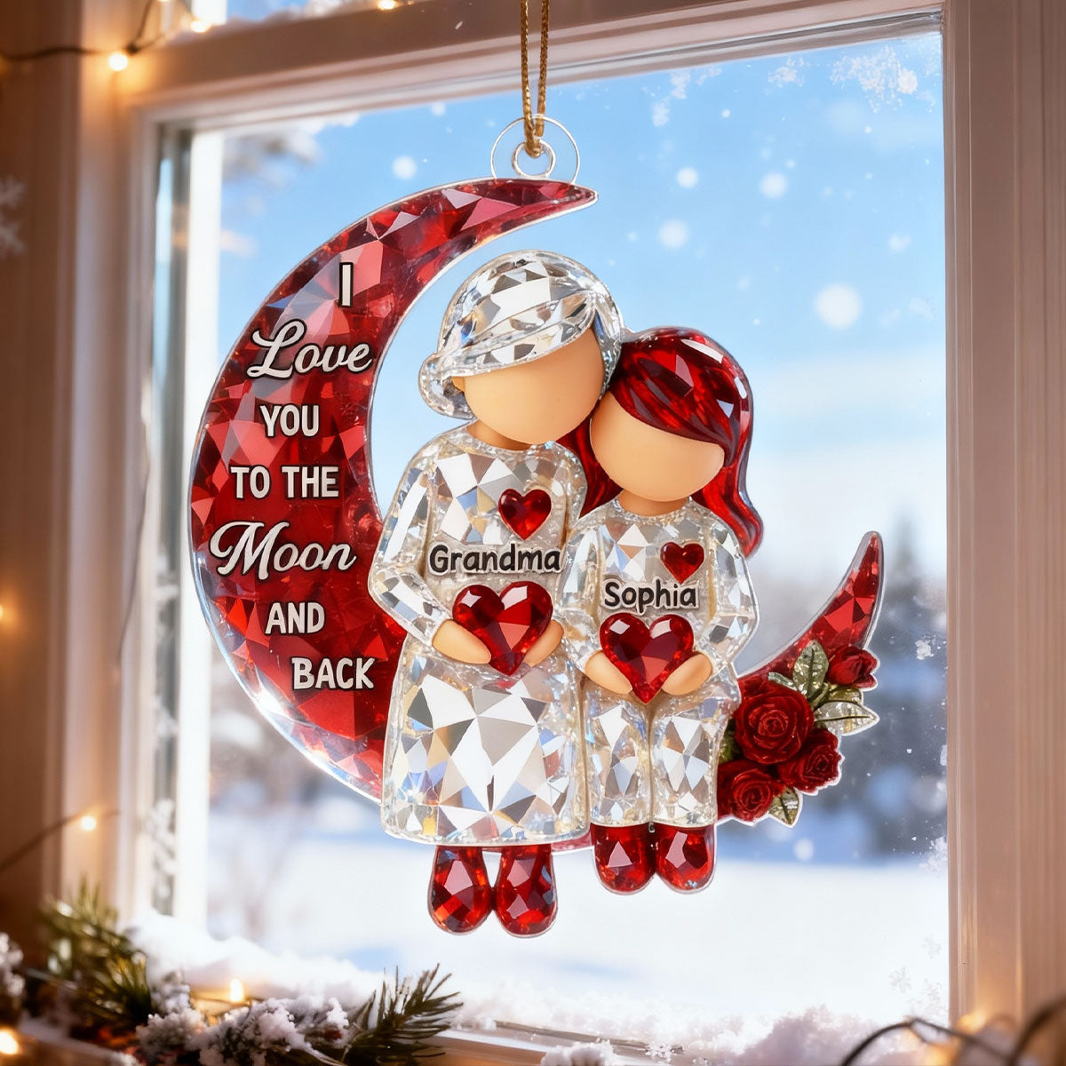 3D Crystal Effect Grandma Grandpa Grandkid Sitting on Moon  - Personalized Acrylic Ornament - Christmas Gift for Grandma, Grandkids