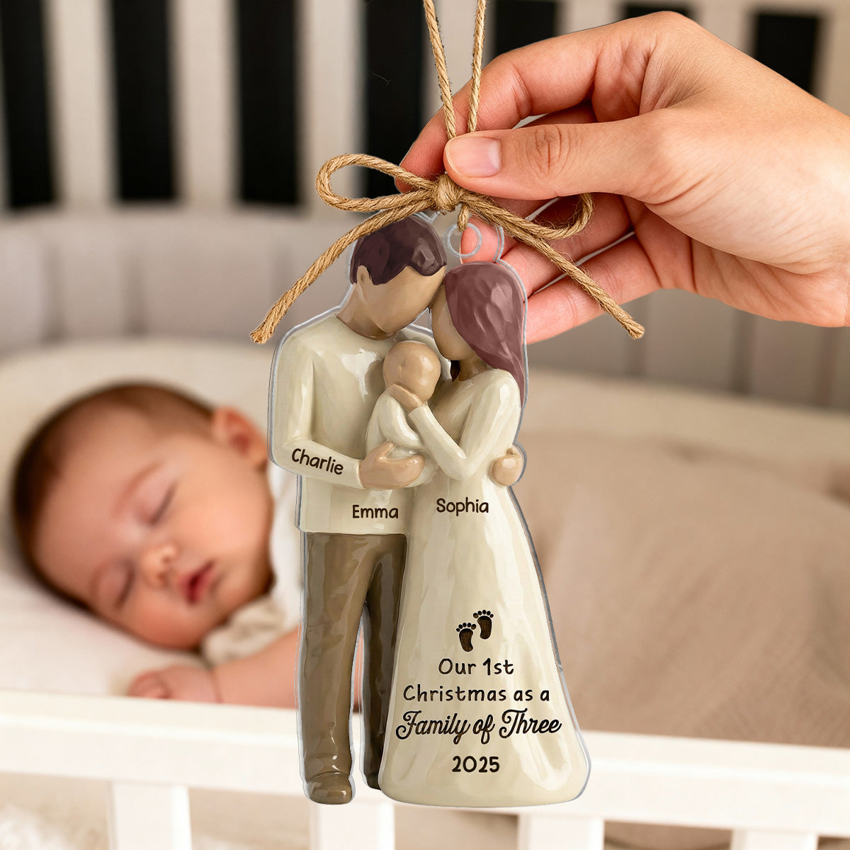 3D Effect First Christmas As Family Of Three Mom Dad & Baby - Personalized Acrylic Ornament