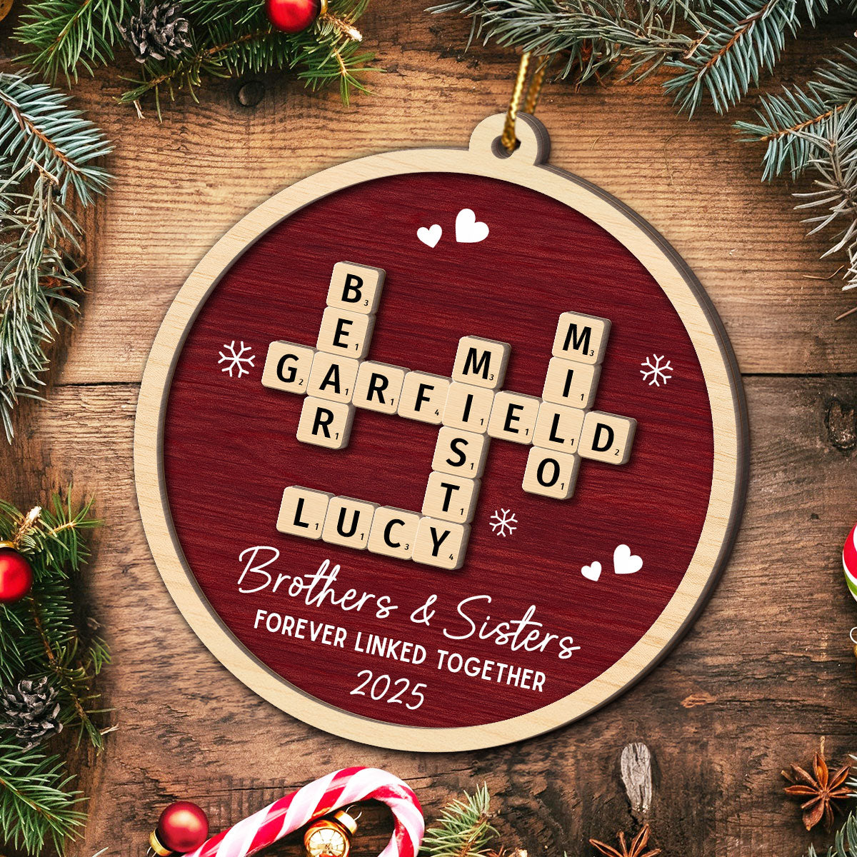 Siblings Forever Linked Together Crossword Puzzle Art - Personalized 2-Layer Wooden Ornament