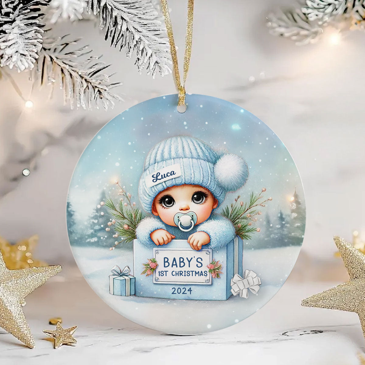 Watercolor Baby Inside Gift Box Personalized Ceramic Ornament, Christmas Gift for New Mom New Dad