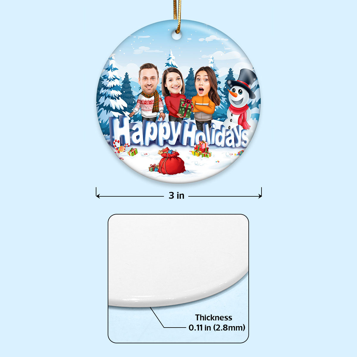Happy Holiday Funny Family, Custom Photo Ornament, Personalized Family Photo Circle Ceramic Christmas Ornament, Family Keepsake