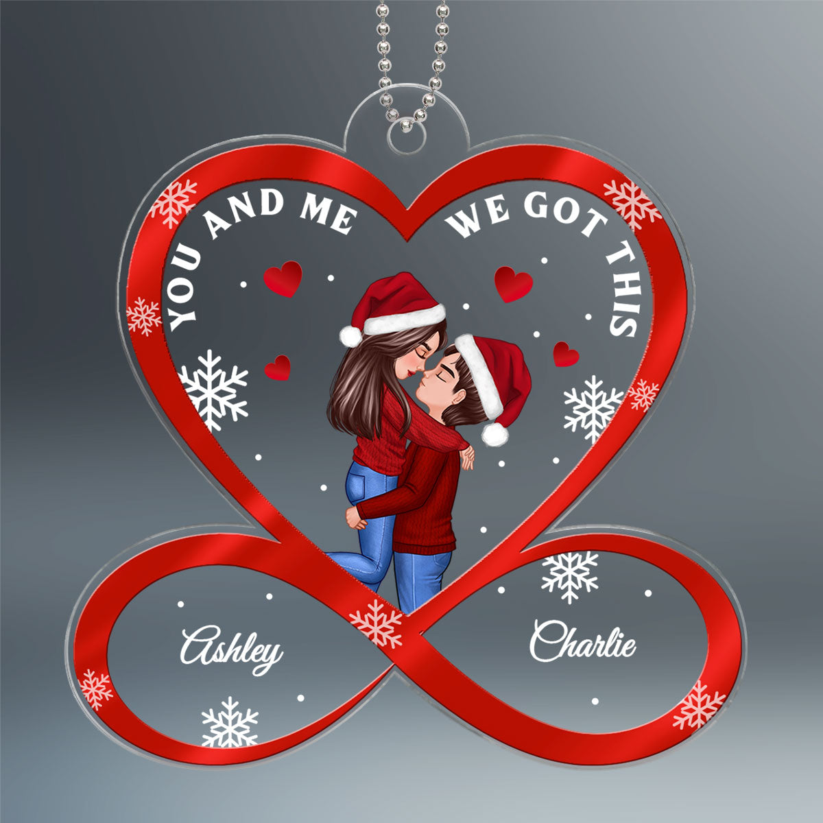 Christmas Doll Couple Hugging Kissing Infinity Heart Personalized Acrylic Ornament