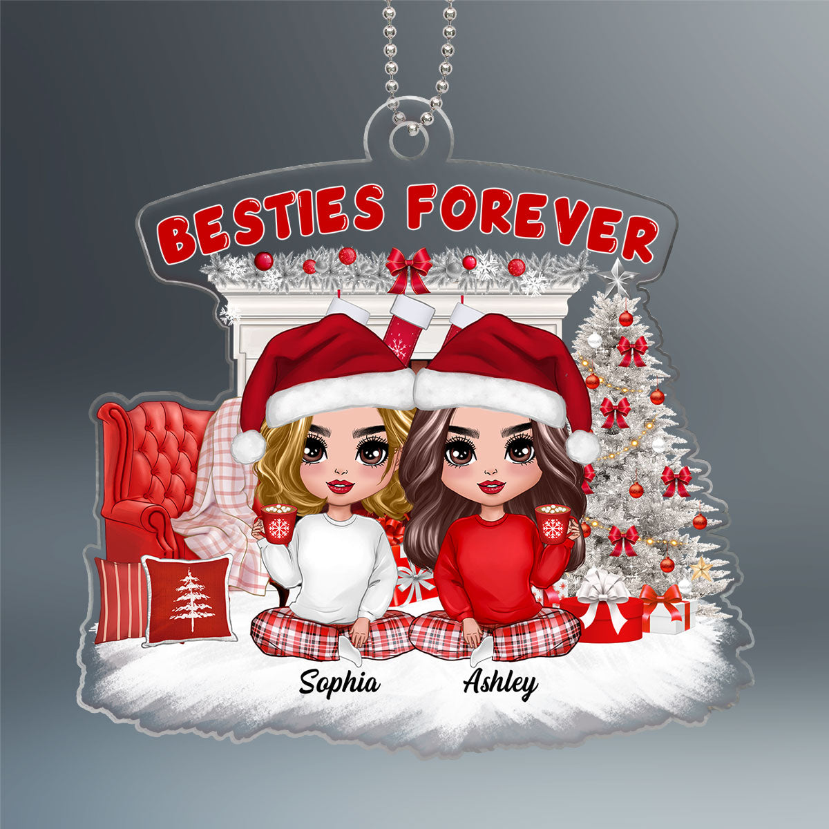 White Christmas Pajamas Doll Besties Sisters Sitting Personalized Acrylic Ornament
