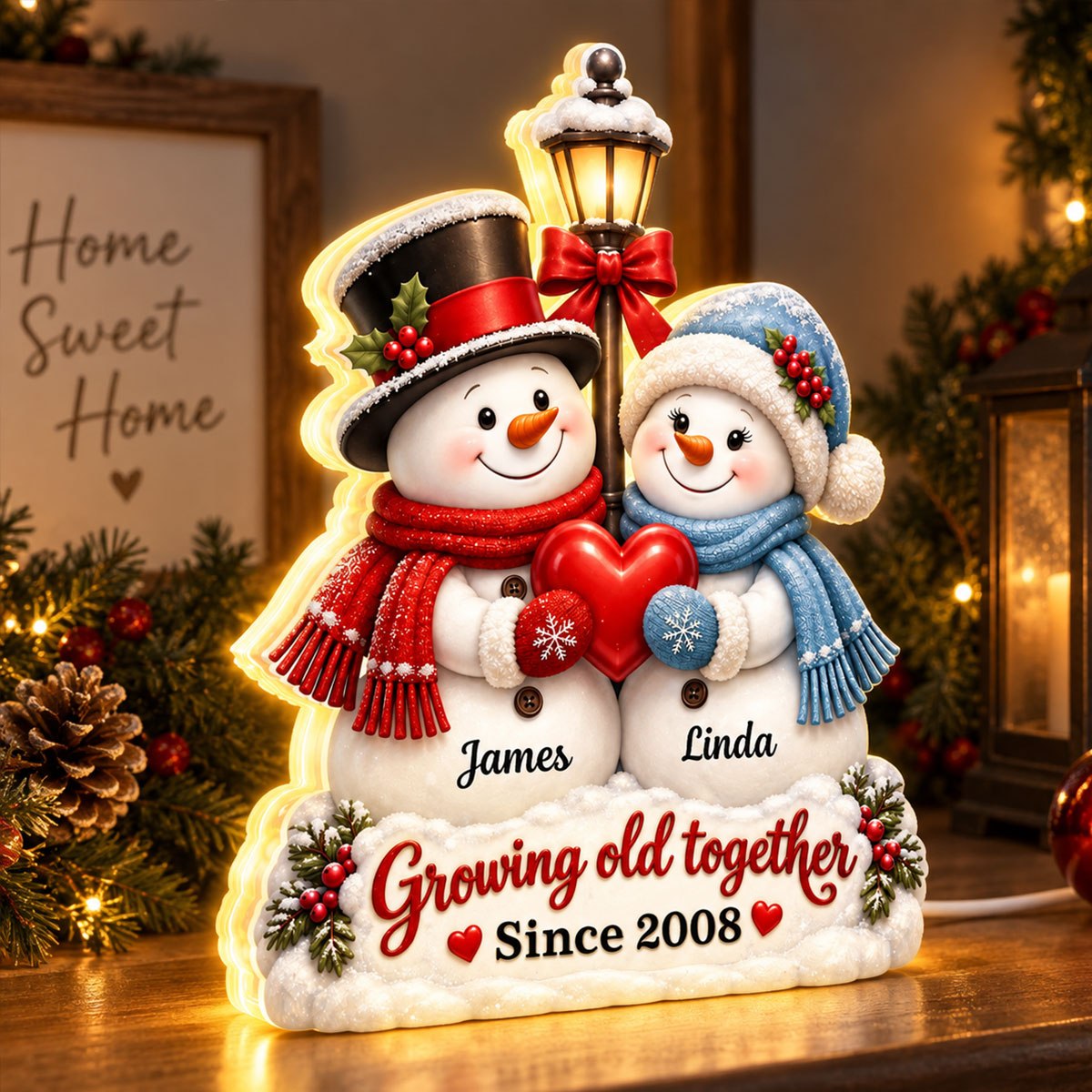 Snowman Couple Growing Old Together - Personalized Light Box - Heartfelt Christmas Gift for Her, for Him