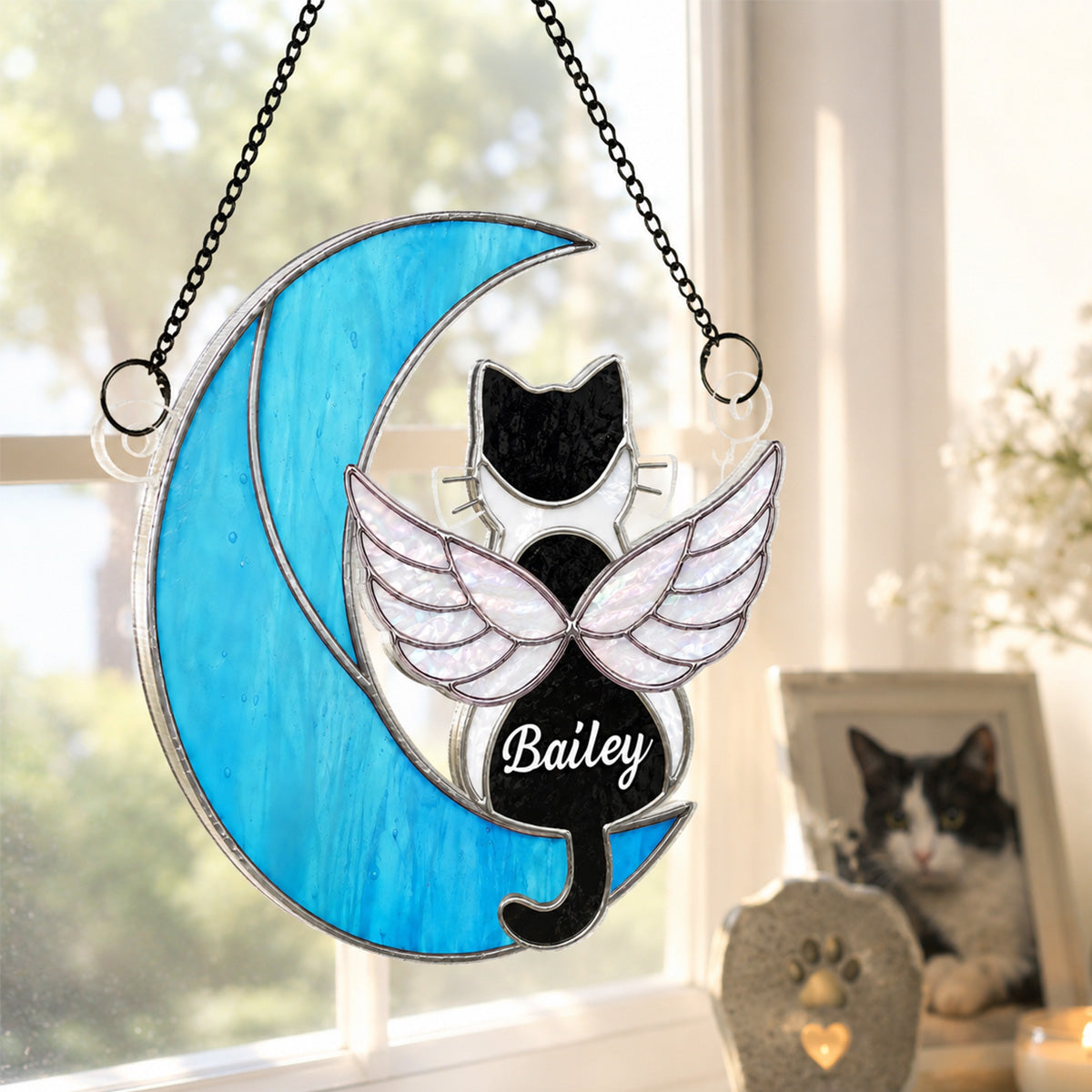 Cat Sitting On Moon Memorial Pet Loss - Personalized Acrylic Window Hanging - Pet Memorial Gift, Pet Loss Sympathy Gift