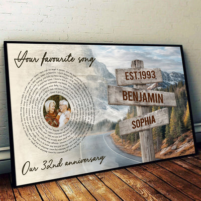 Vintage Signpost Mountain Landscape Song Lyrics Art Personalized Poster, Anniversary Valentine's Gift For Her, For Him