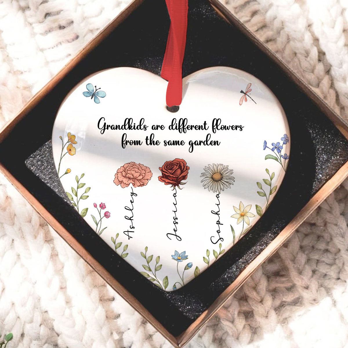 Grandkids Are Different Flowers from the Same Garden Personalized Heart Ornament, Gift for Grandma