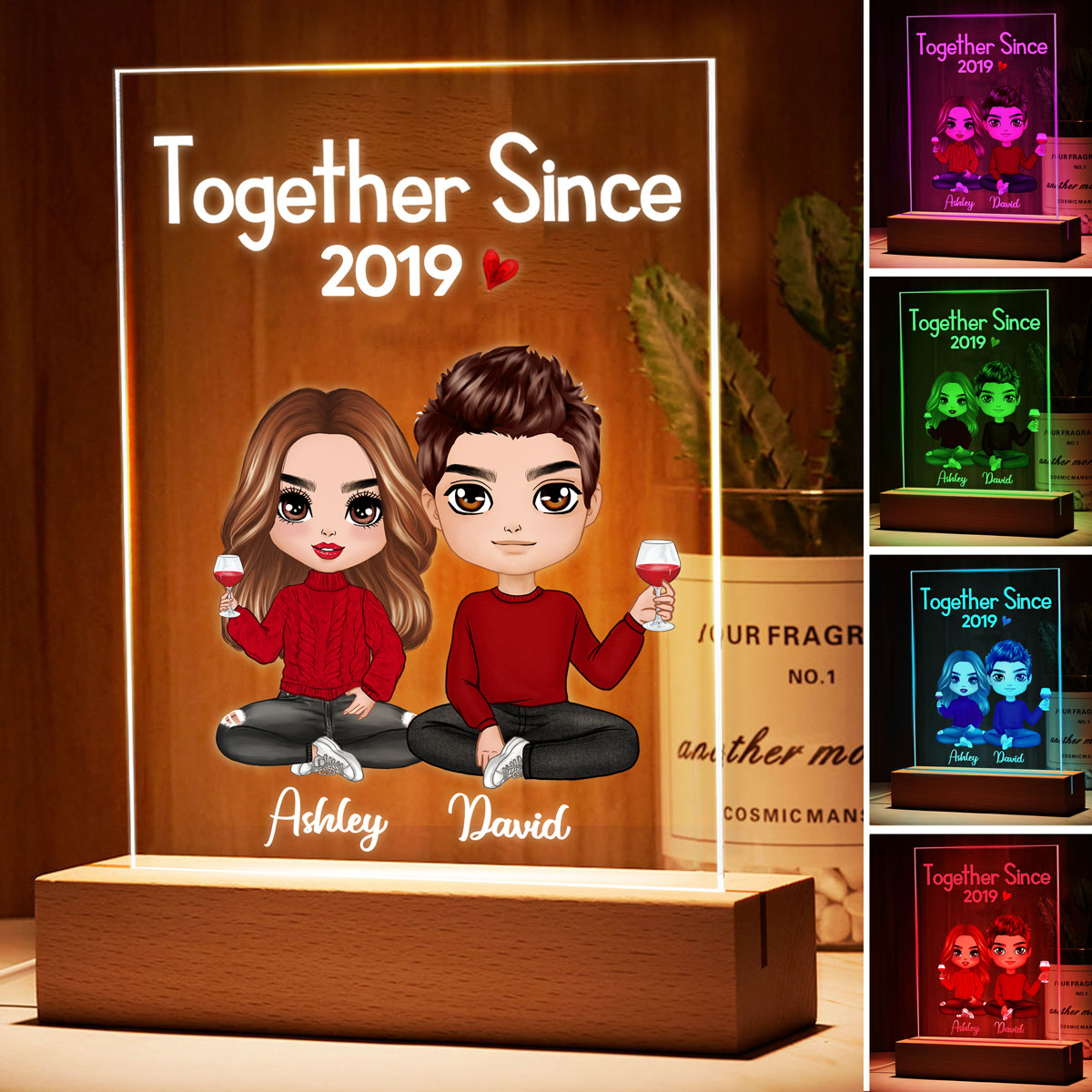 Doll Couple Sitting Valentine‘s Anniversary Gift For Him Gift For Her Acrylic Plaque LED Night Light
