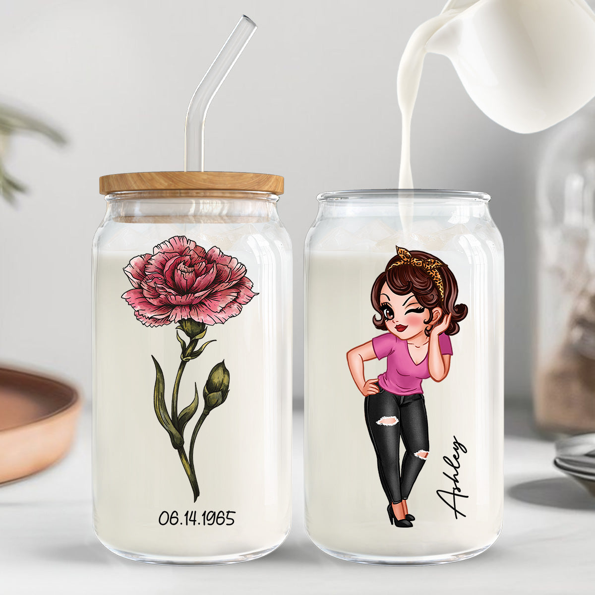Vintage Birth Flower With Name & Birth Day Gift For Mom Grandma Pretty Woman Personalized Clear Glass Can