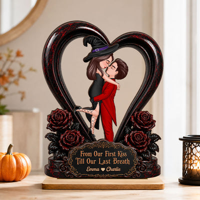 From Our First Kiss Til Our Last Breath Halloween Couple - Personalized 2-Layered Wooden Plaque - Heartfelt Keepsake for Him, for Her