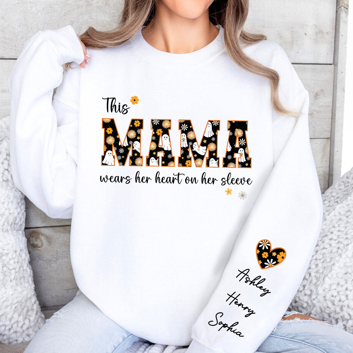 Halloween This Mama Wears Her Heart on Her Sleeve Personalized Sleeve Printed Sweatshirt