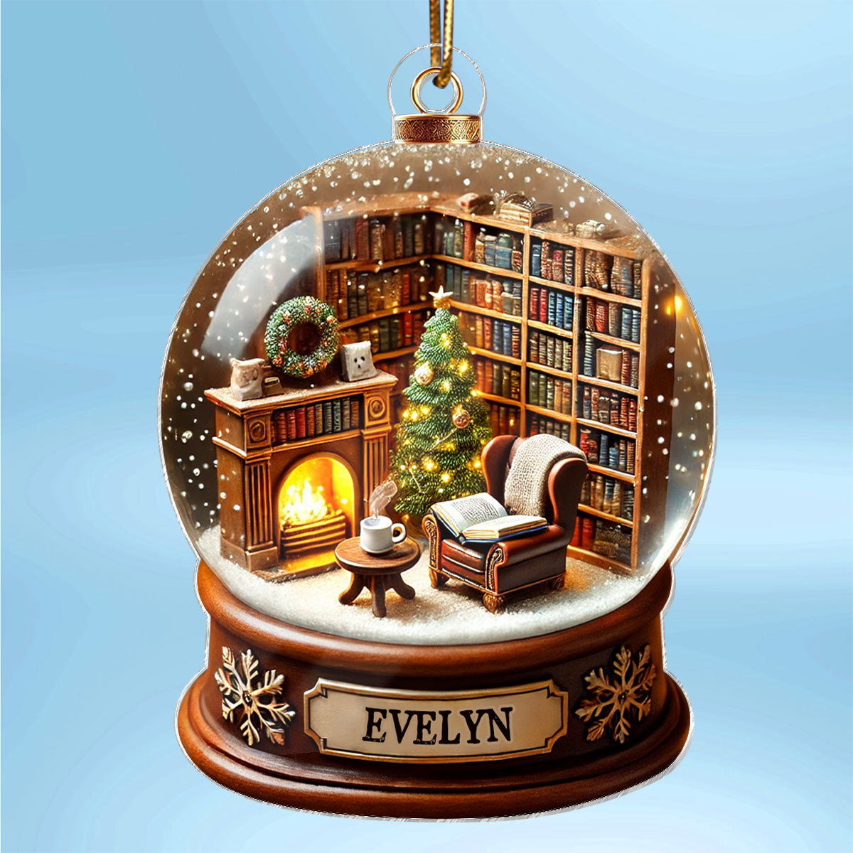 Book Lover Room 3D Effect Snow Globe Christmas Book Club Gift Book Reader Personalized Acrylic Flat Ornament