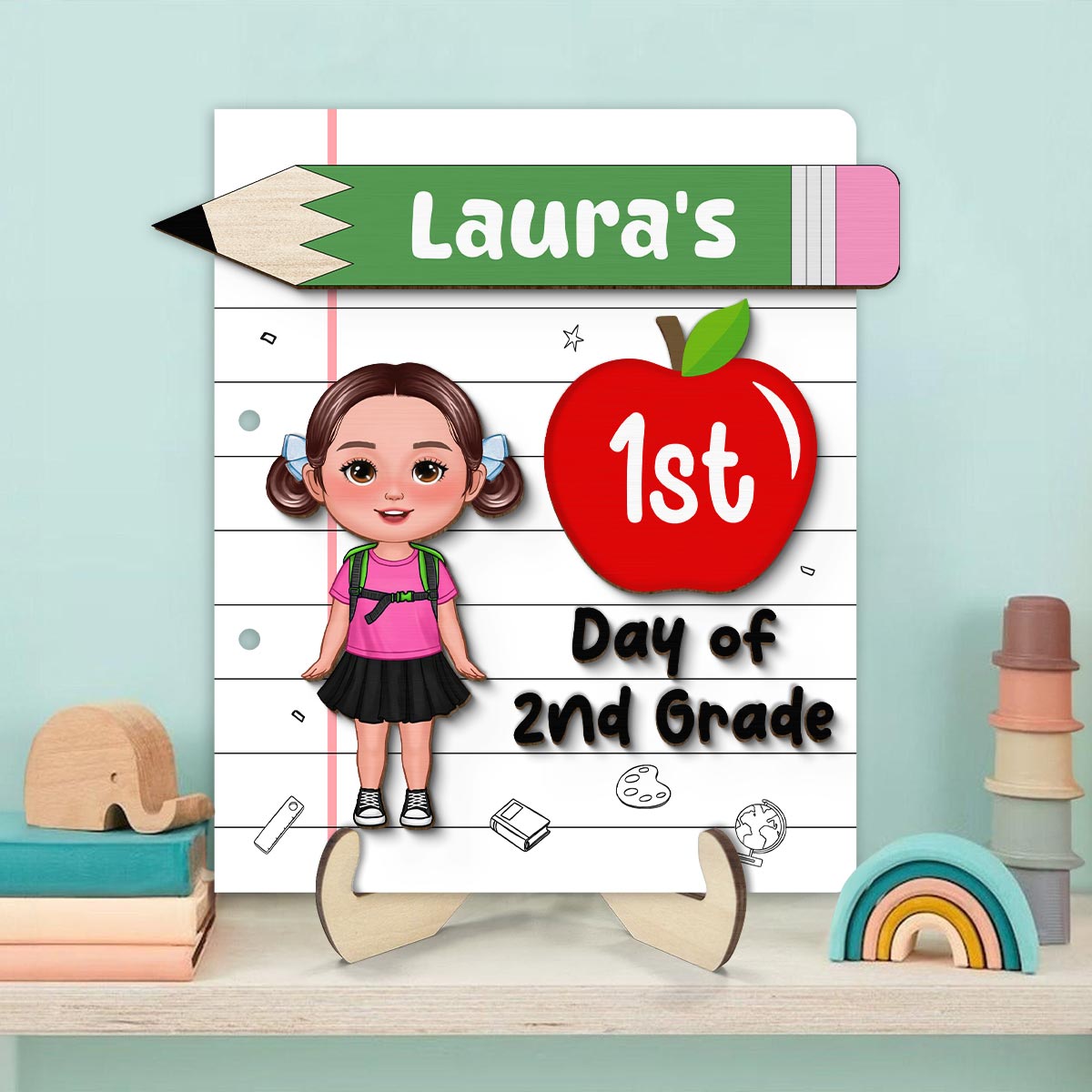 Back To School Sign Cute Doll Kid Personalized 2-Layer Wooden Plaque