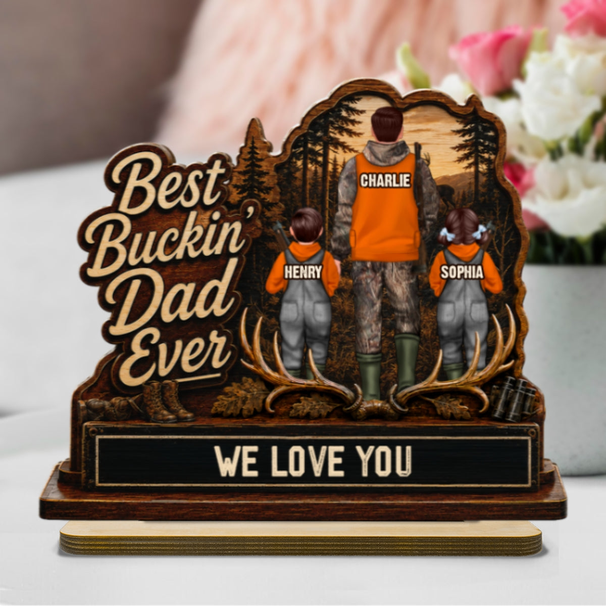 Best Buckin' Dad Papa Ever Hunting Man & Kids 2D Flat - Personalized 2-Layered Wooden Plaque - Father's Day Gift For Hunting Dad, Grandpa