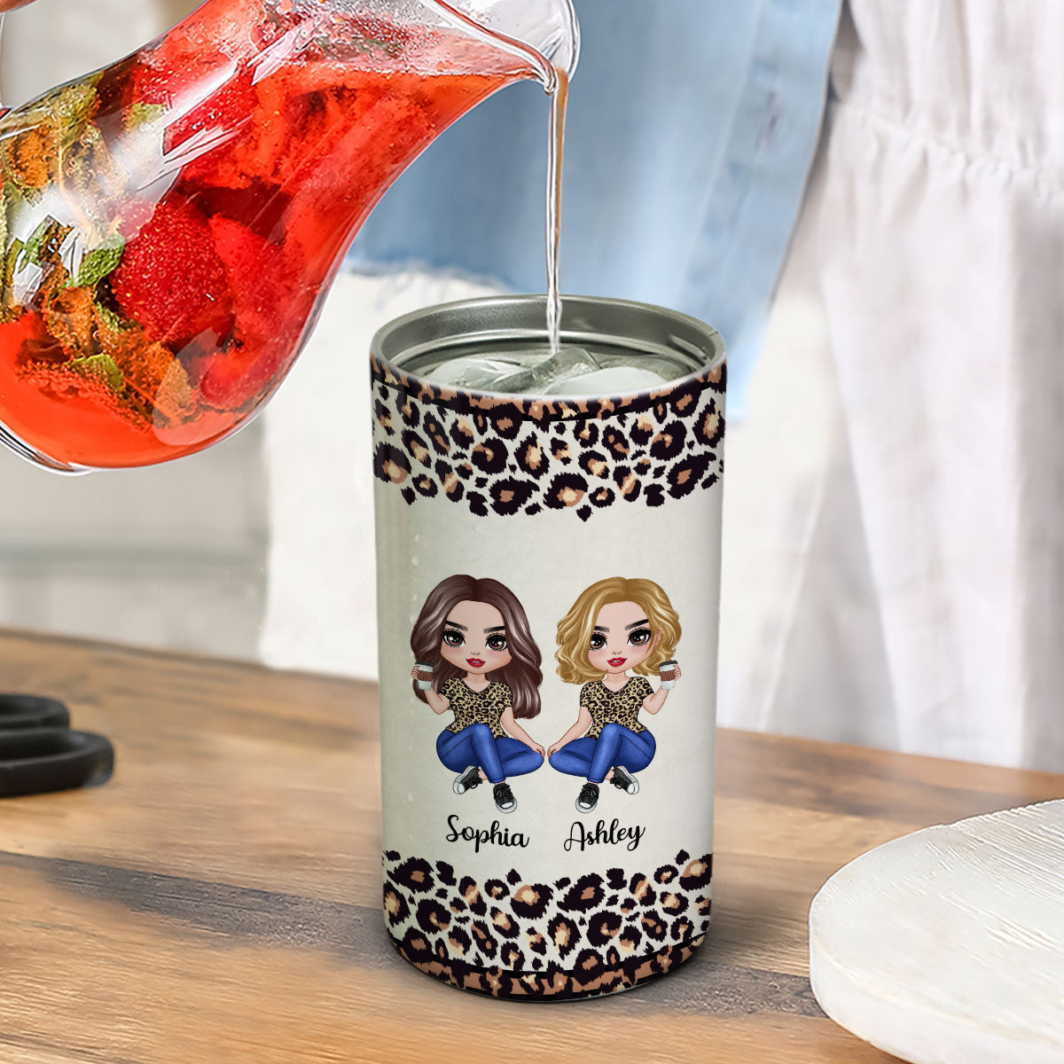 Half Leopard Besties Sisters Personalized 4 In 1 Can Cooler