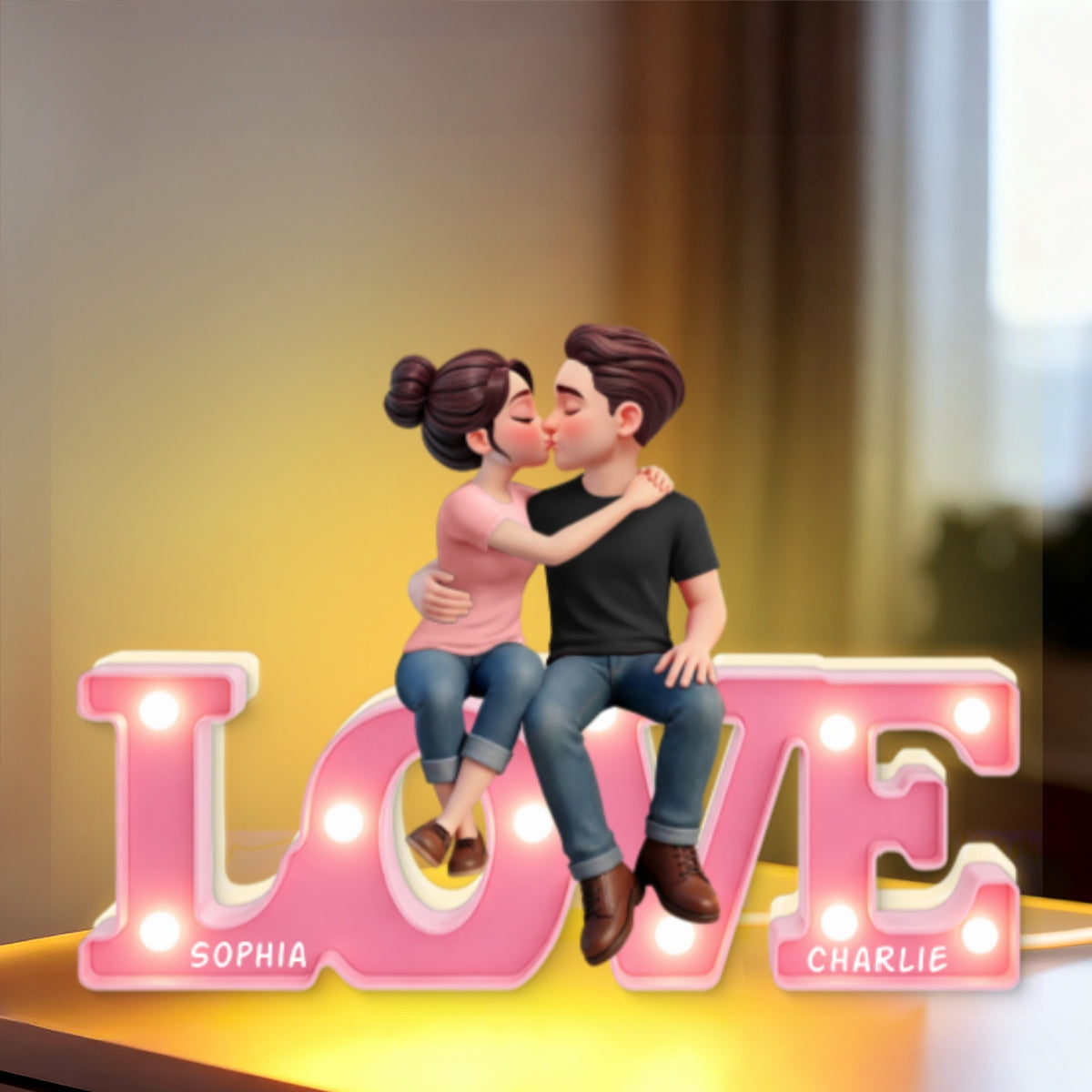 Everlasting LOVE Couple Sitting Kissing - Personalized Light Box - Valentine's Day Gift For Couple, For Him, For Her