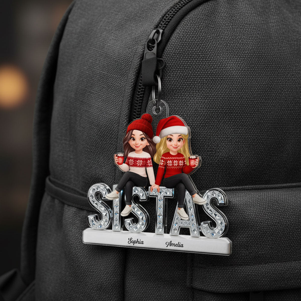 3D Shining Effect Sistas - Personalized Acrylic Car Hanger - Christmas Gift For Sisters