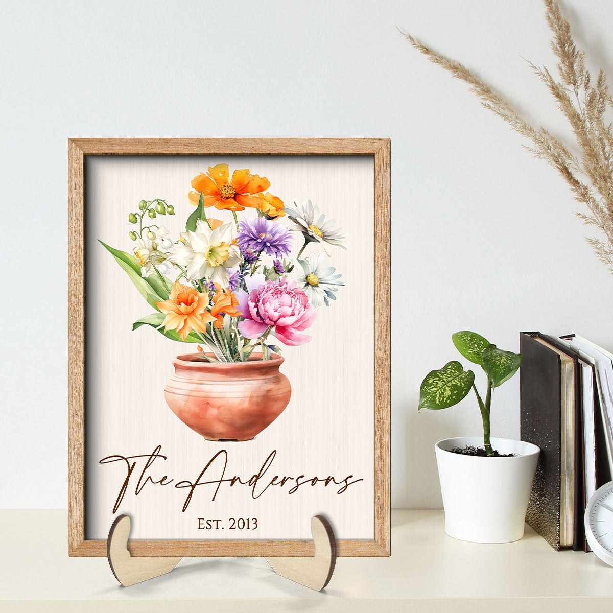 Family Beautiful Birth Flower Bouquet Home Decor Personalized 2-Layer Wooden Plaque