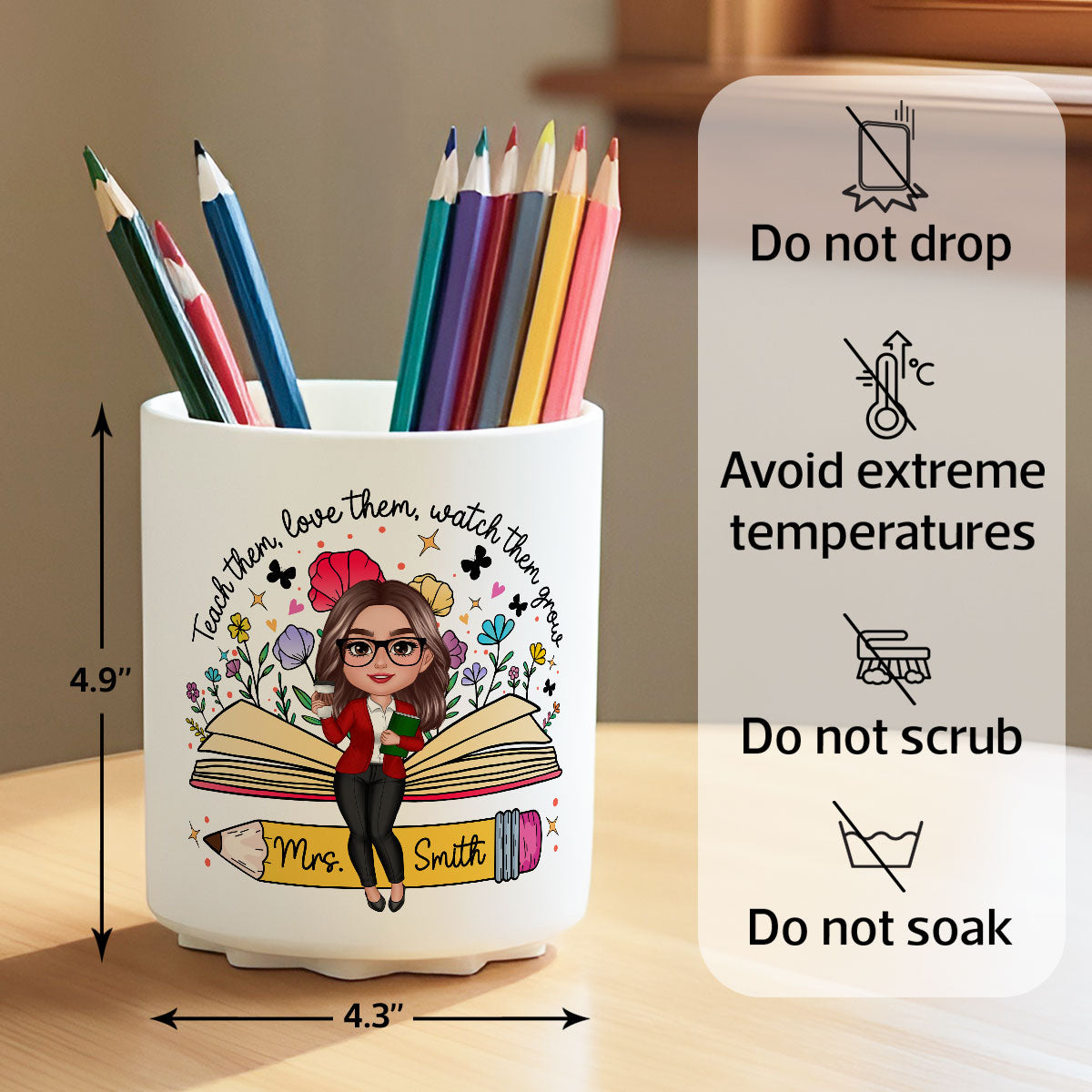 Teacher Teach Them Love Them Watch Them Grow Wildflowers Personalized Rotating Pen Holder