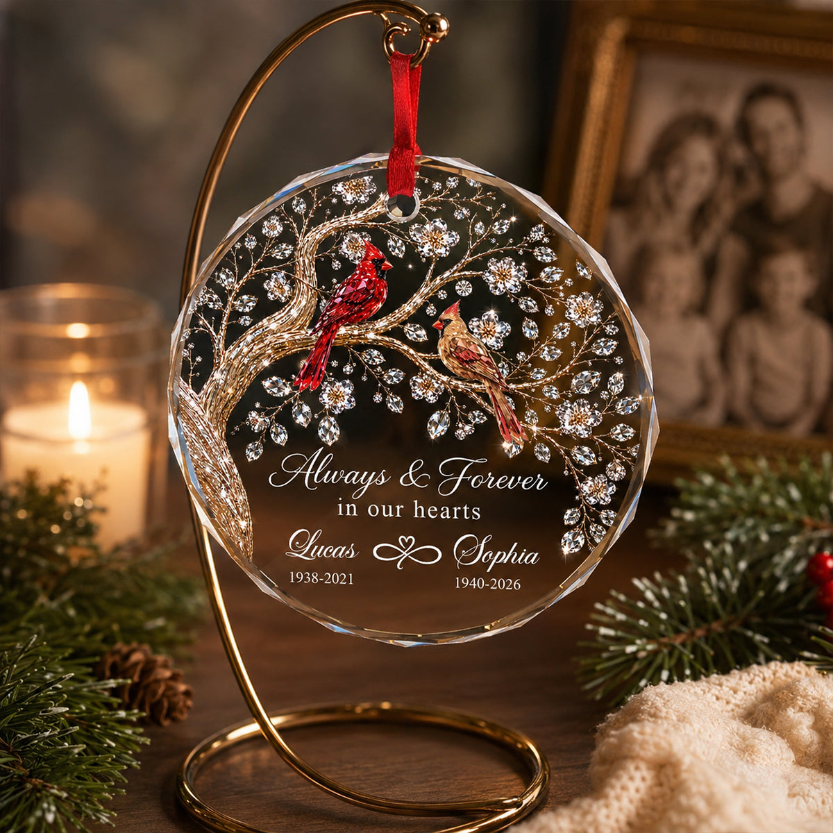 Always And Forever in Our Hearts - Personalized Glass Ornament - Heartfelt Memory Sympathy Keepsake for Loved Ones