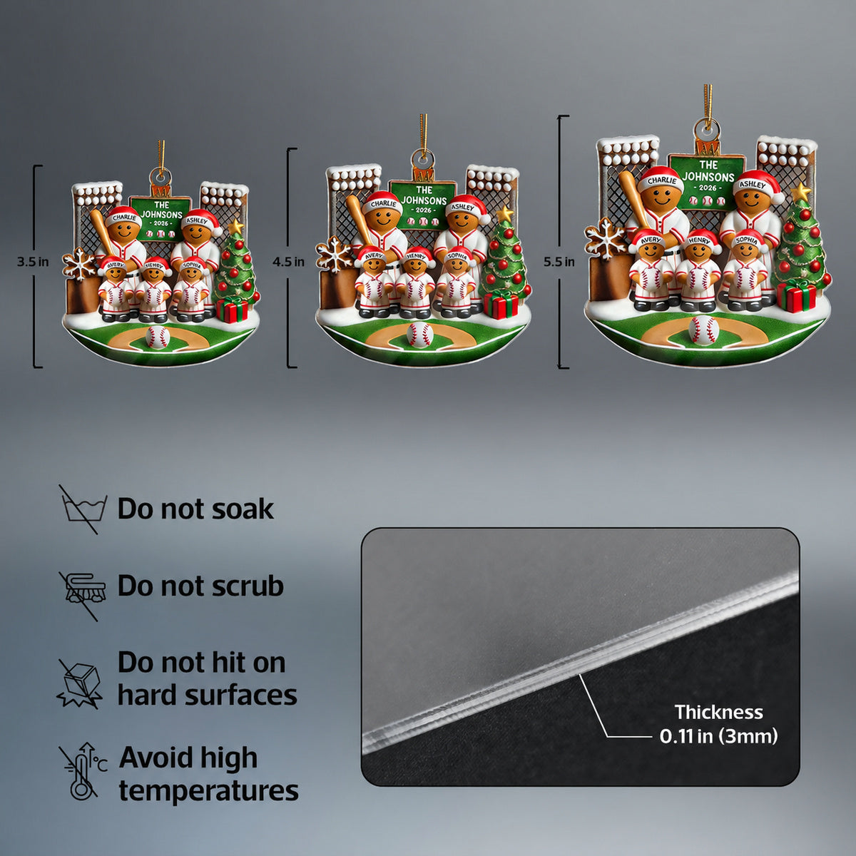 3D Effect Baseball Gingerbread Family On Field Sport Lover - Personalized Acrylic Ornament