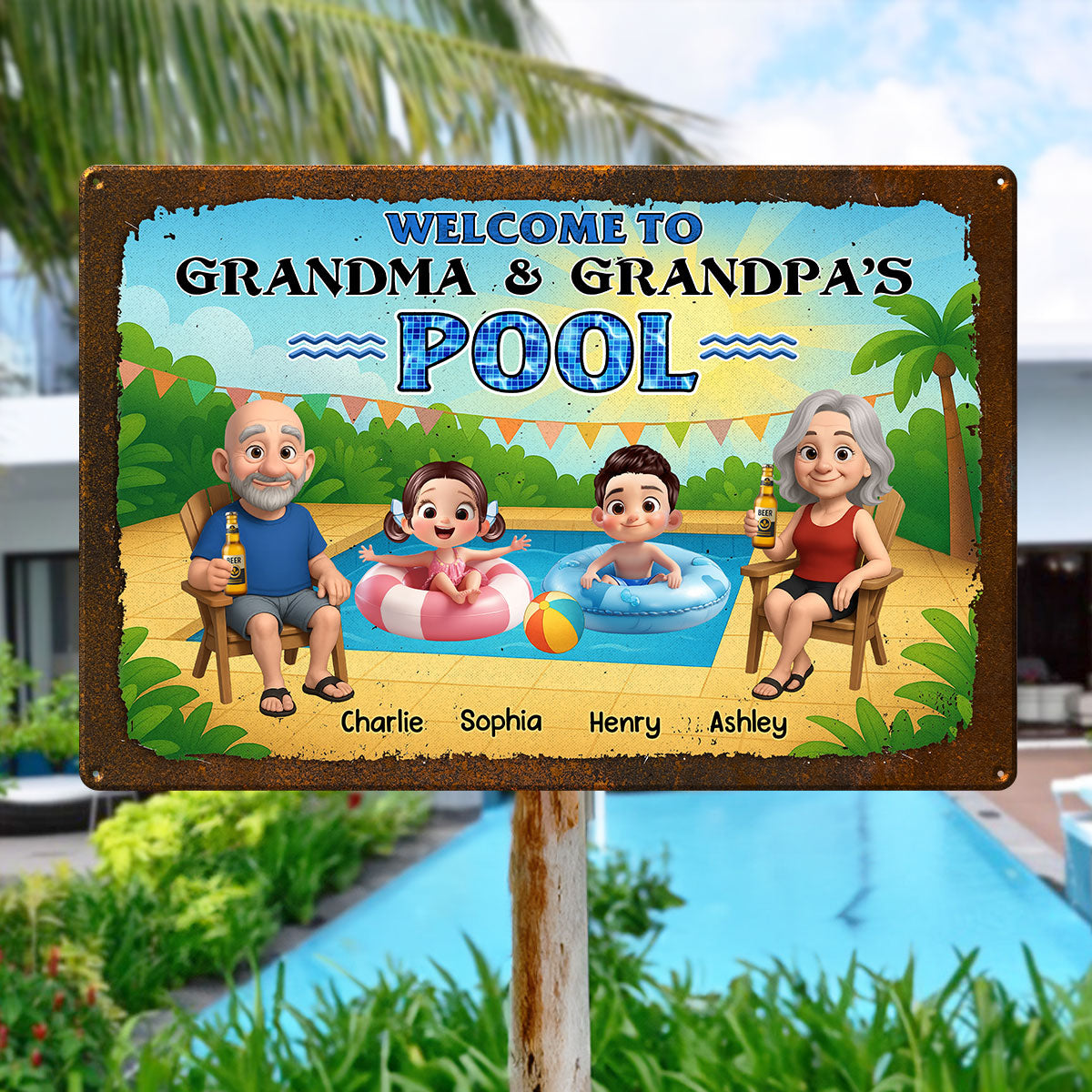 Welcome to Grandma & Grandpa's Pool Personalized Metal Sign, Grandparents Hosting Grandkids Summer Sign