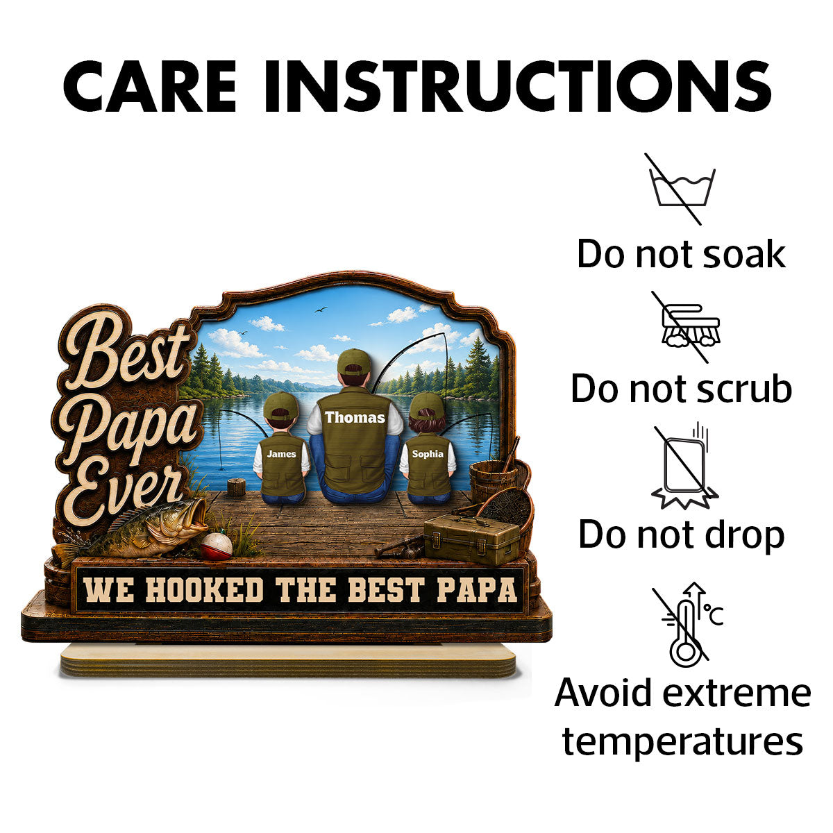 We Hooked The Best Dad Papa Fishing Man & Kids Back View 2D Flat - Personalized 2-Layered Wooden Plaque - Father's Day Gift For Hunting Dad, Grandpa