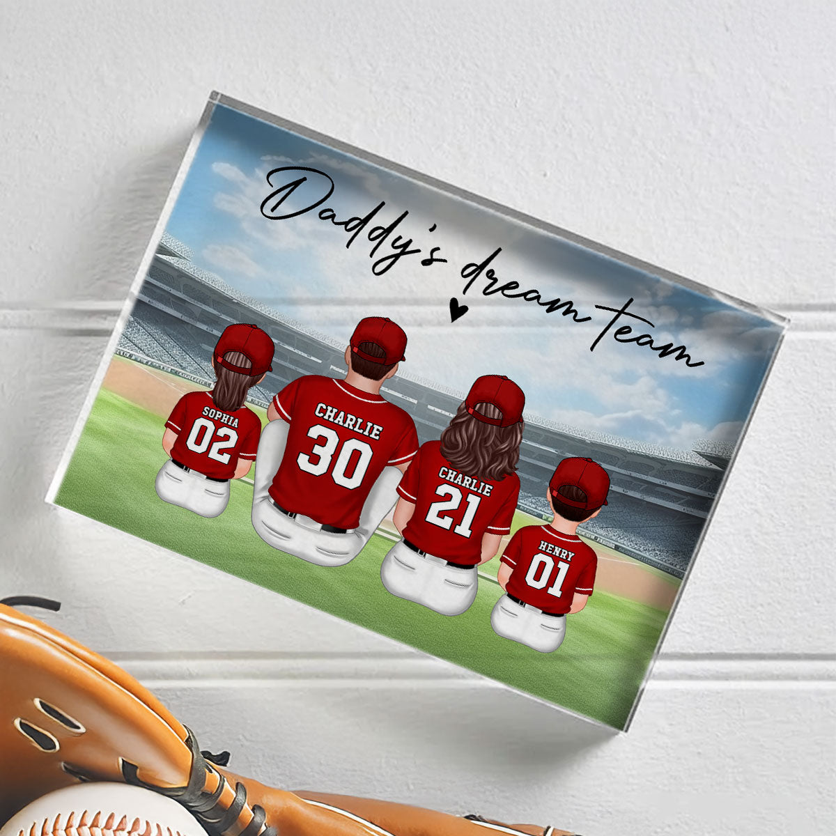 Daddy's Team Baseball Family Sitting Personalized Acrylic Block, Unique Father's Day Gift for Dad, Gift for Husband
