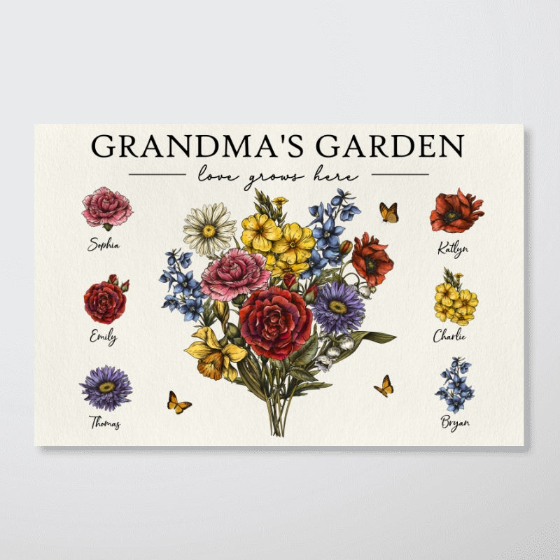 Grandma‘s Garden Beautiful Vintage Birth Month Flowers With Grandkids Names Personalized Horizontal Poster, Mother’s Day Gift For Grandma, Mom