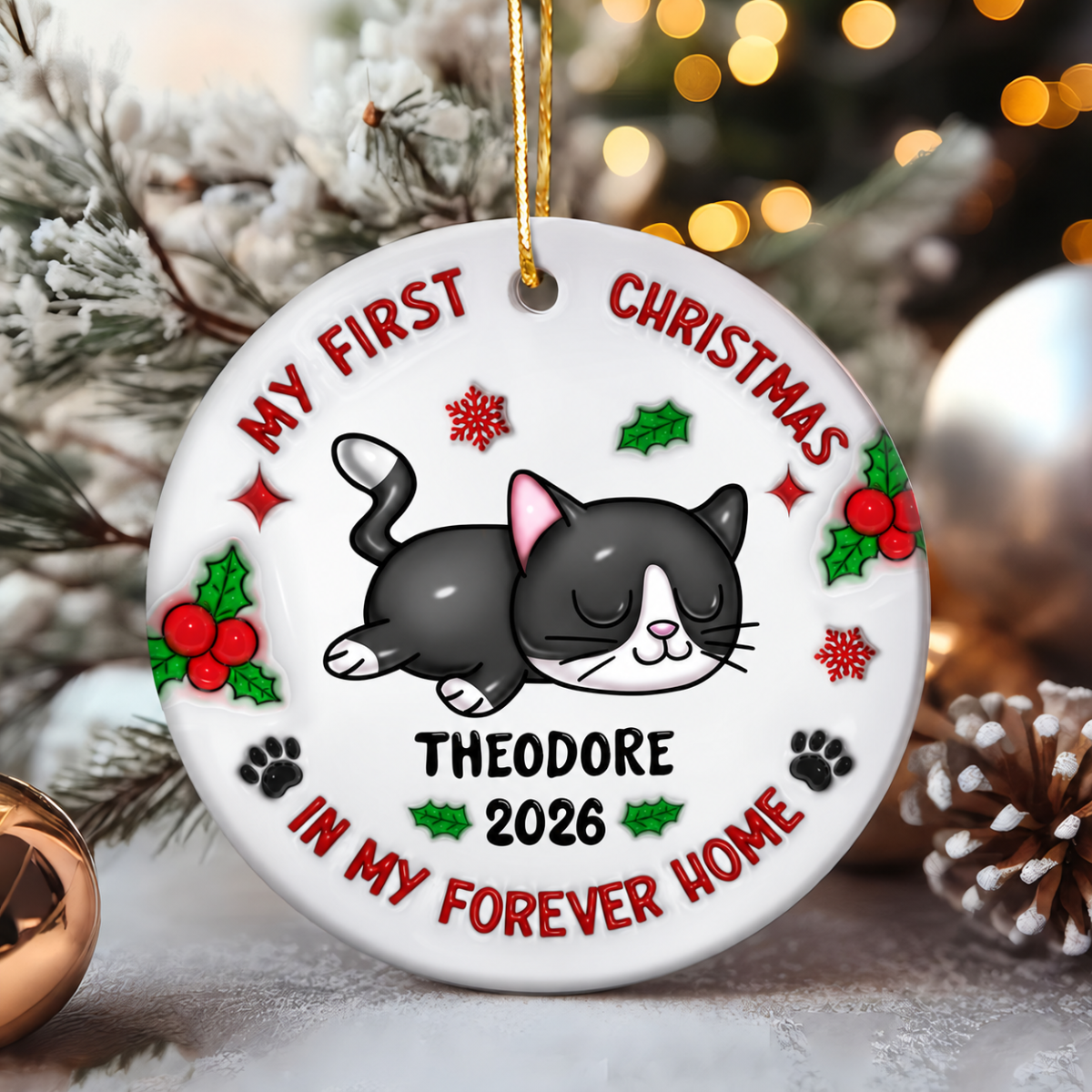 First Christmas In My Forever Home 3D Inflated Cat Lover Personalized Ceramic Ornament