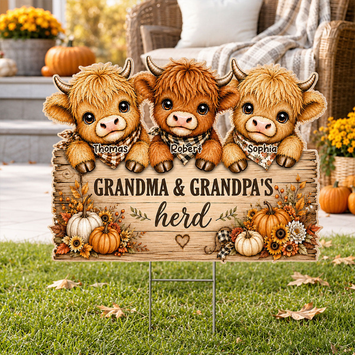 Cozy Warm Fall Season Grandpa Grandma's Herd Highland Cows - Personalized Yard Sign - Fall Decor For Grandparents