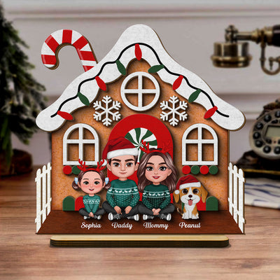 Gingerbread House Family Christmas Tabletop Fireplace Decor Personalized 2-Layer Standing Wooden Plaque
