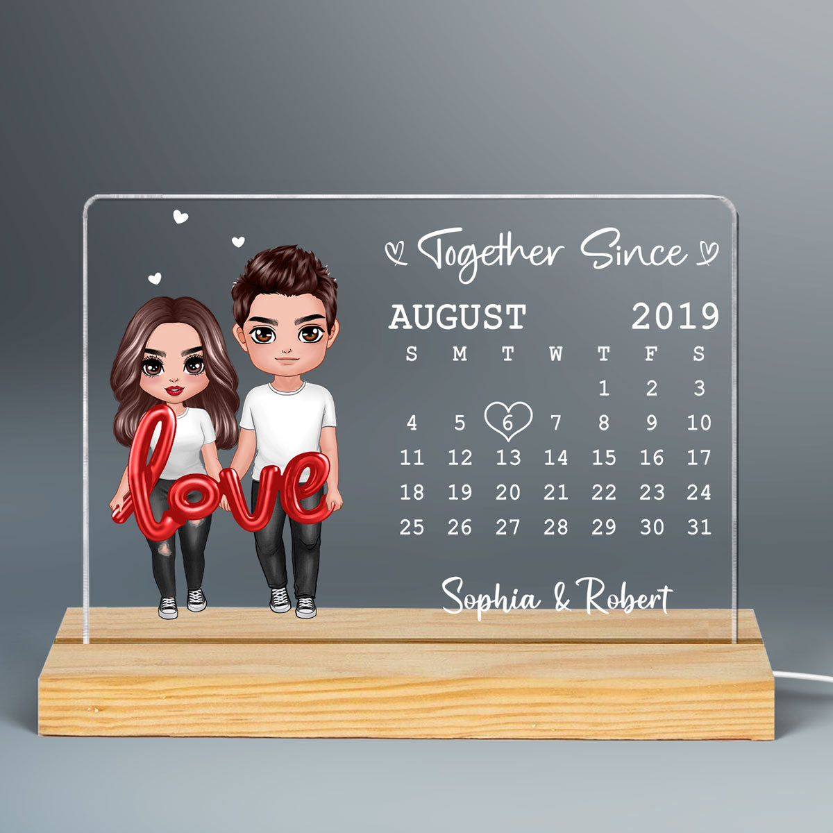Love Balloon Standing Couple Calendar Personalized Custom Shape Acrylic Plaque LED Night Light - Gift For Him Gift For Her