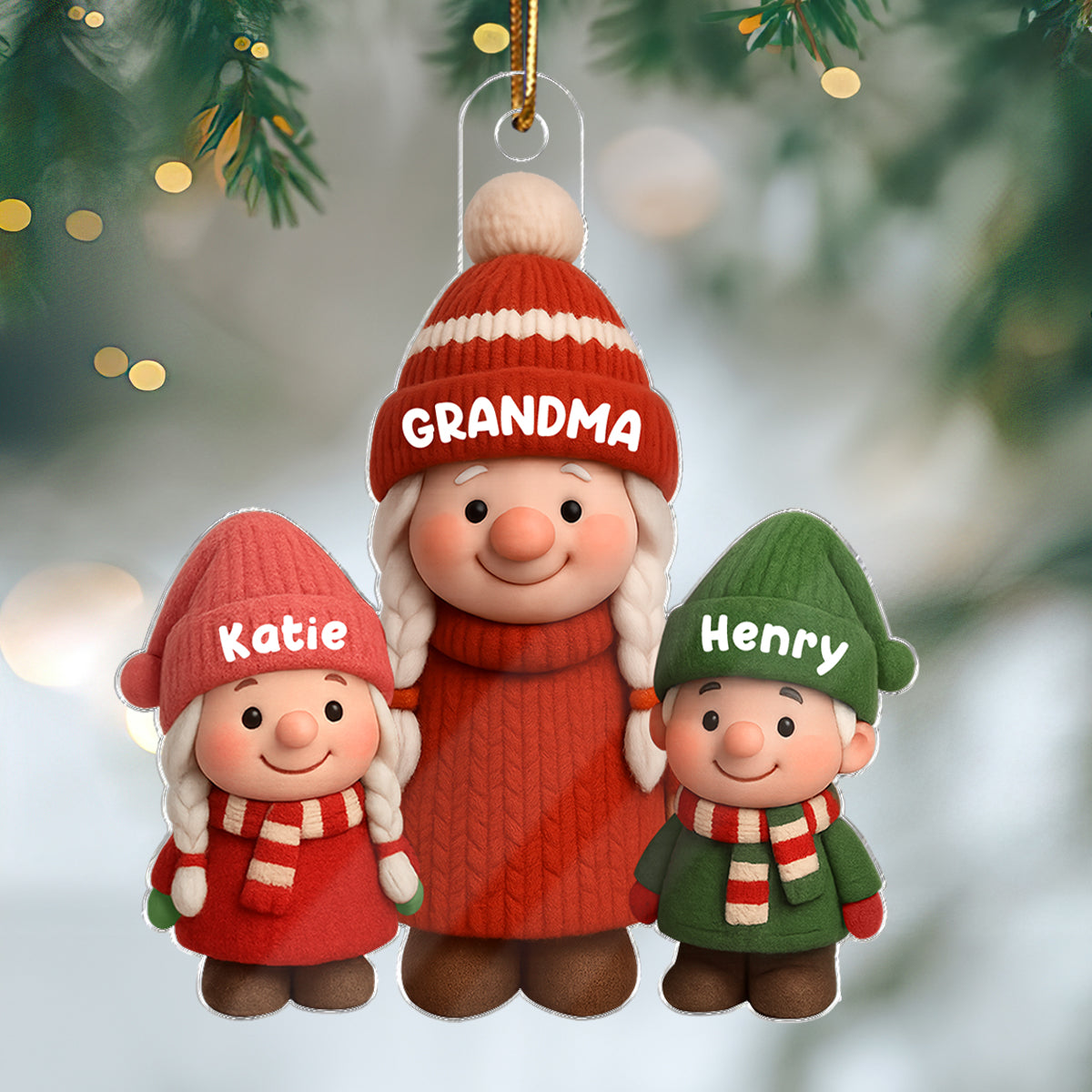 3D Effect Cute Gnome Grandma And Grandkids - Personalized Acrylic Ornament