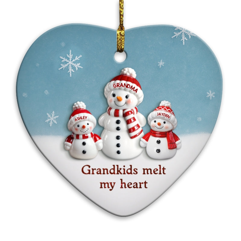 3D Effect Snowman Grandma & Grandkids - Personalized Ceramic Ornament - Christmas Gift For Grandchildren, Grandma