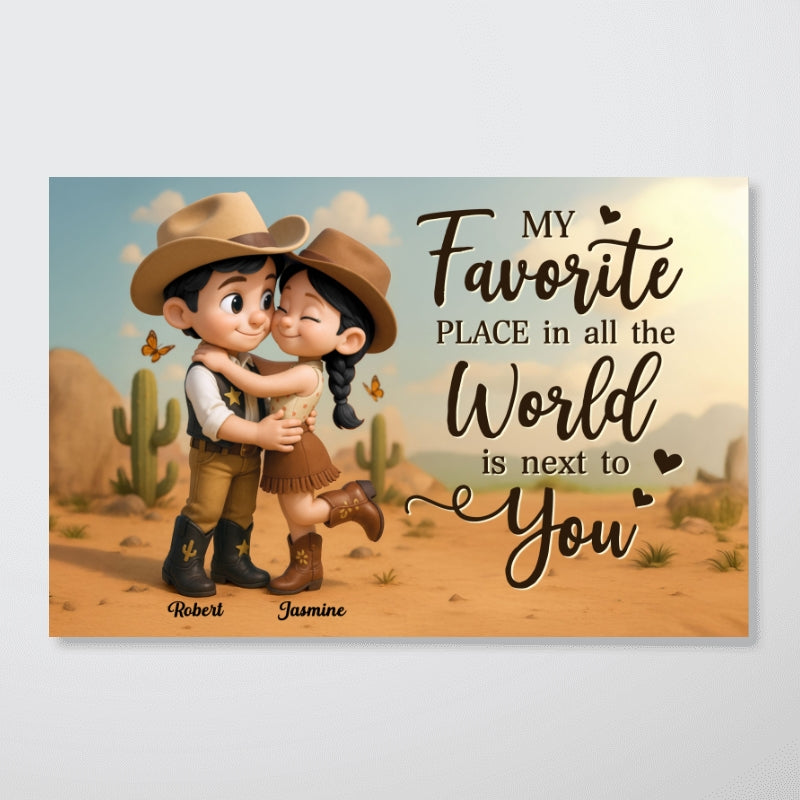 Favorite Place Is Next To You Cartoon Style Countryside Couple Cowboy Cowgirl Home Decor Personalized Poster