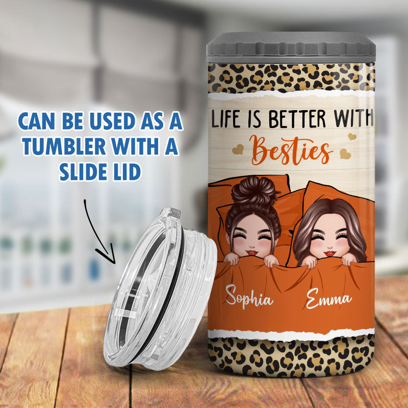 Best Friends Sisters On Bed Personalized 4 In 1 Can Cooler