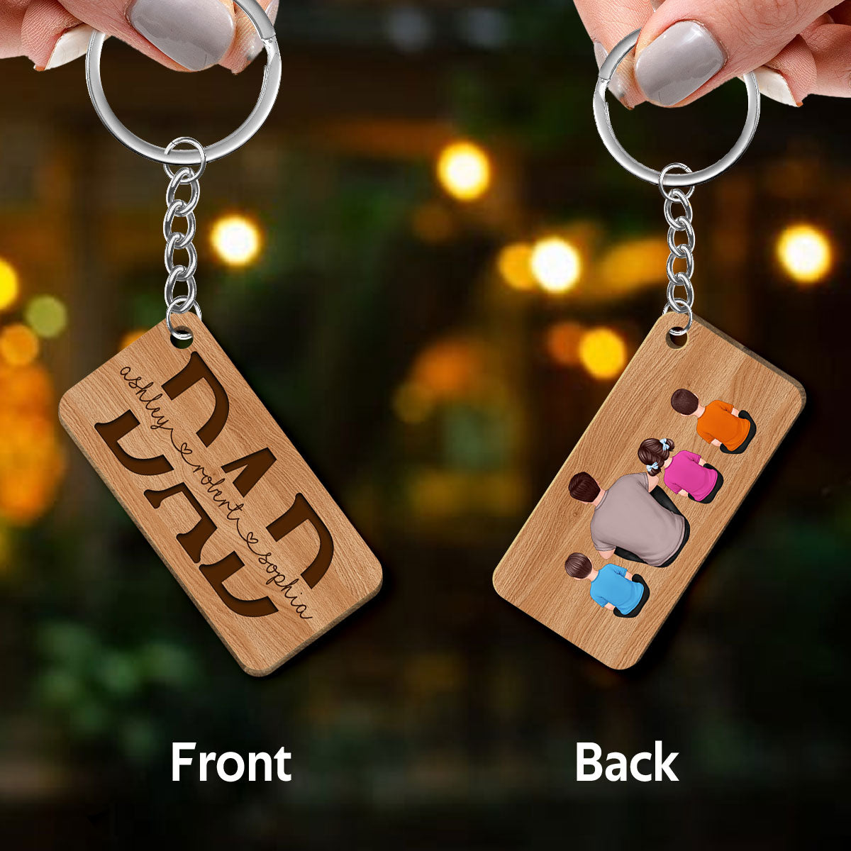 Dad We Love You Back View Sitting Man & Kids Personalized Wooden Keychain