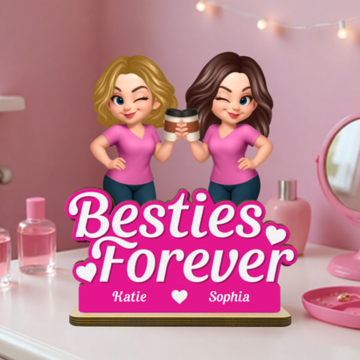 Beautiful Besties Pink Tone Personalized Flat 2-Layer Standing Wooden Plaque