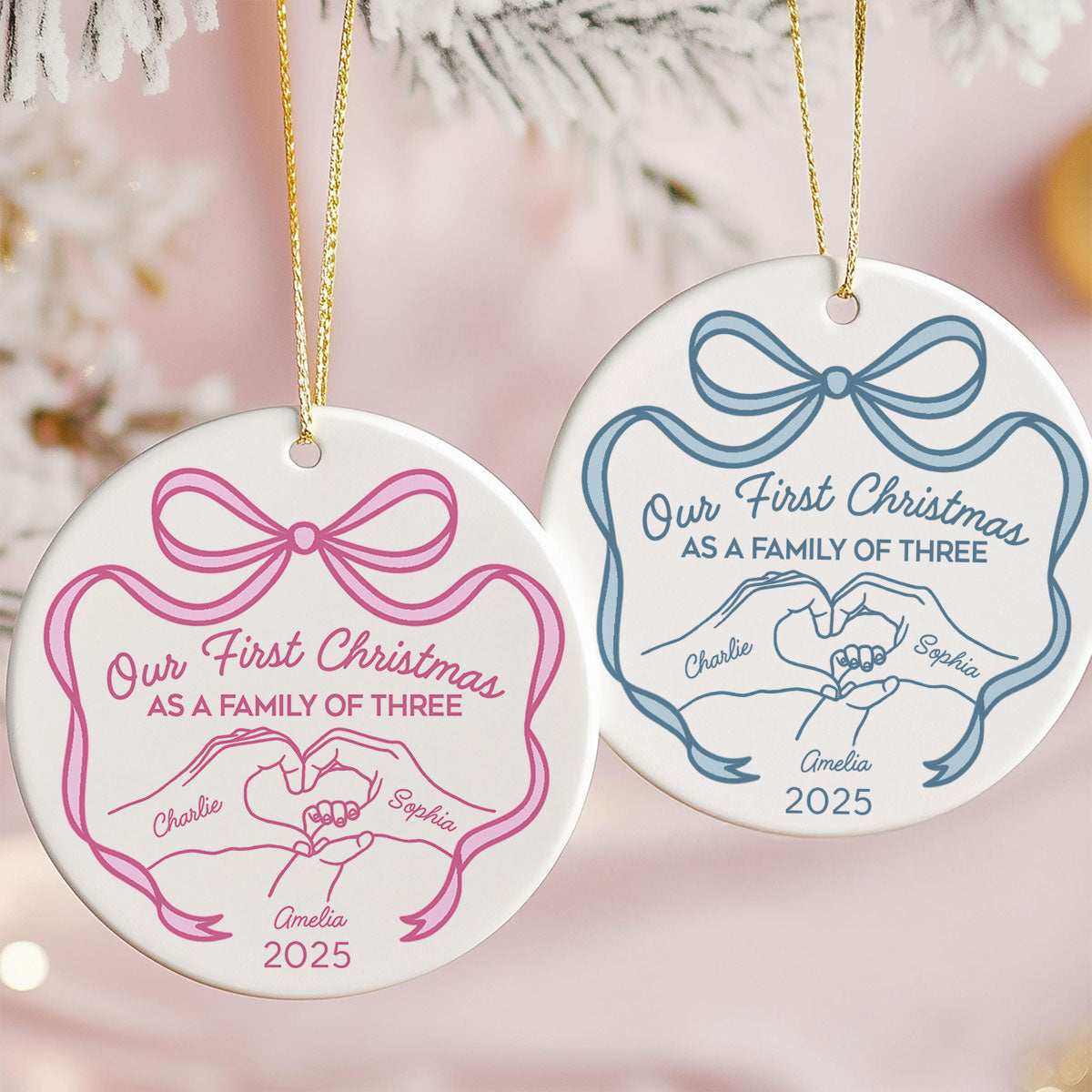 Family Heart Hand First Christmas As Family Of Three Christmas Personalized Ceramic Ornament