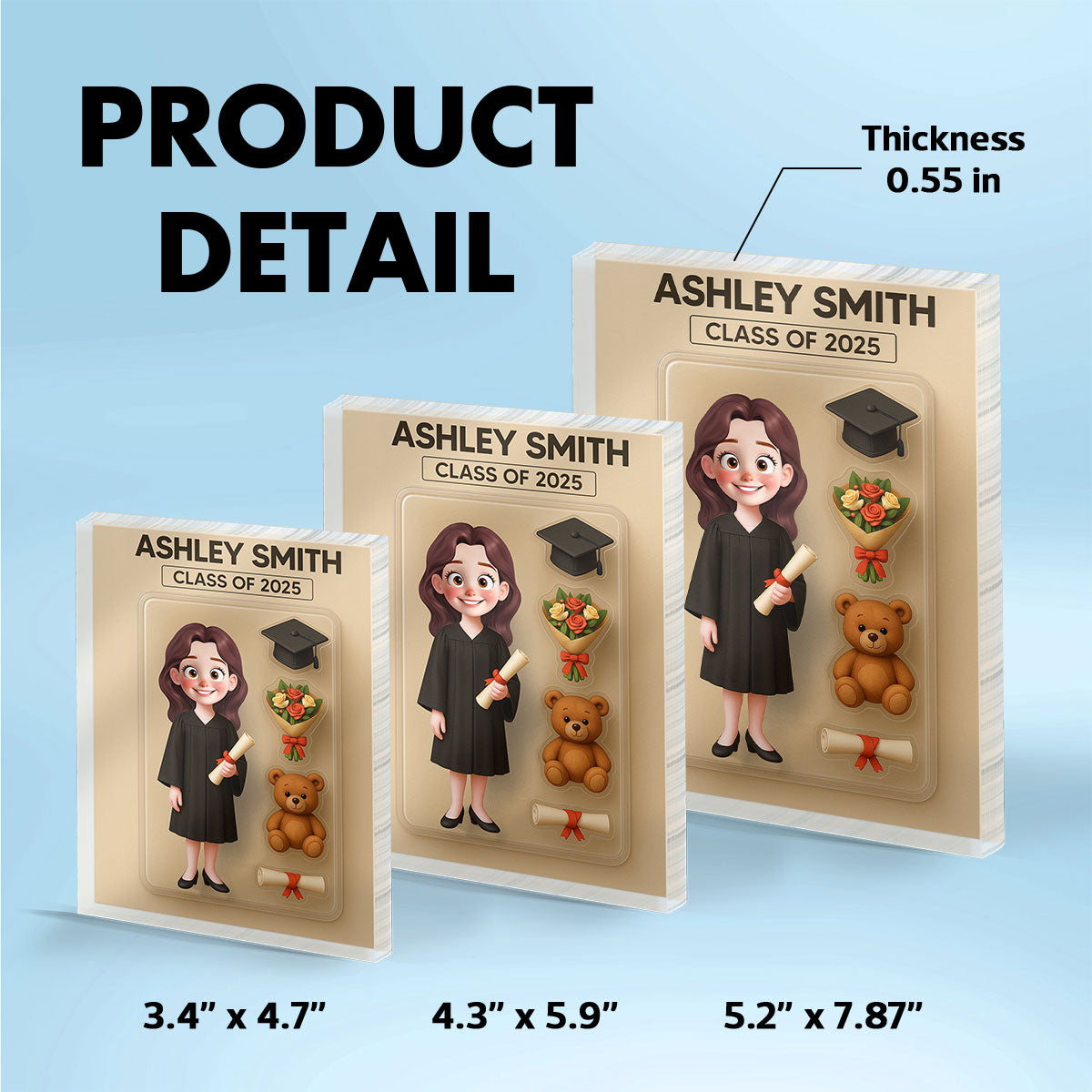 3D Effect Cartoon Funny Style Graduate Custom Figure Personalized Flat Rectangle Acrylic Block Plaque