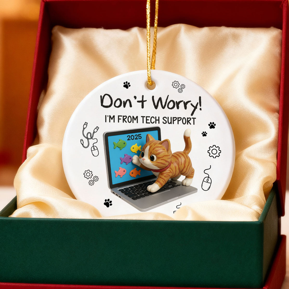 3D Effect Mischievous Kitten Tech Support - Personalized Ceramic Ornament - Gift For Cat Lovers