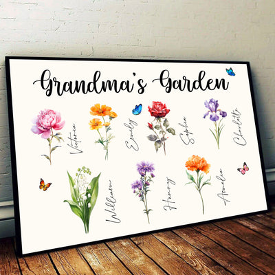 Grandma‘s Garden Beautiful Birth Month Flower With Names Personalized Horizontal Poster