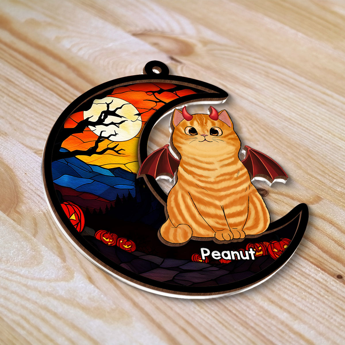 Halloween Cat On Moon Personalized Suncatcher, Halloween Decoration
