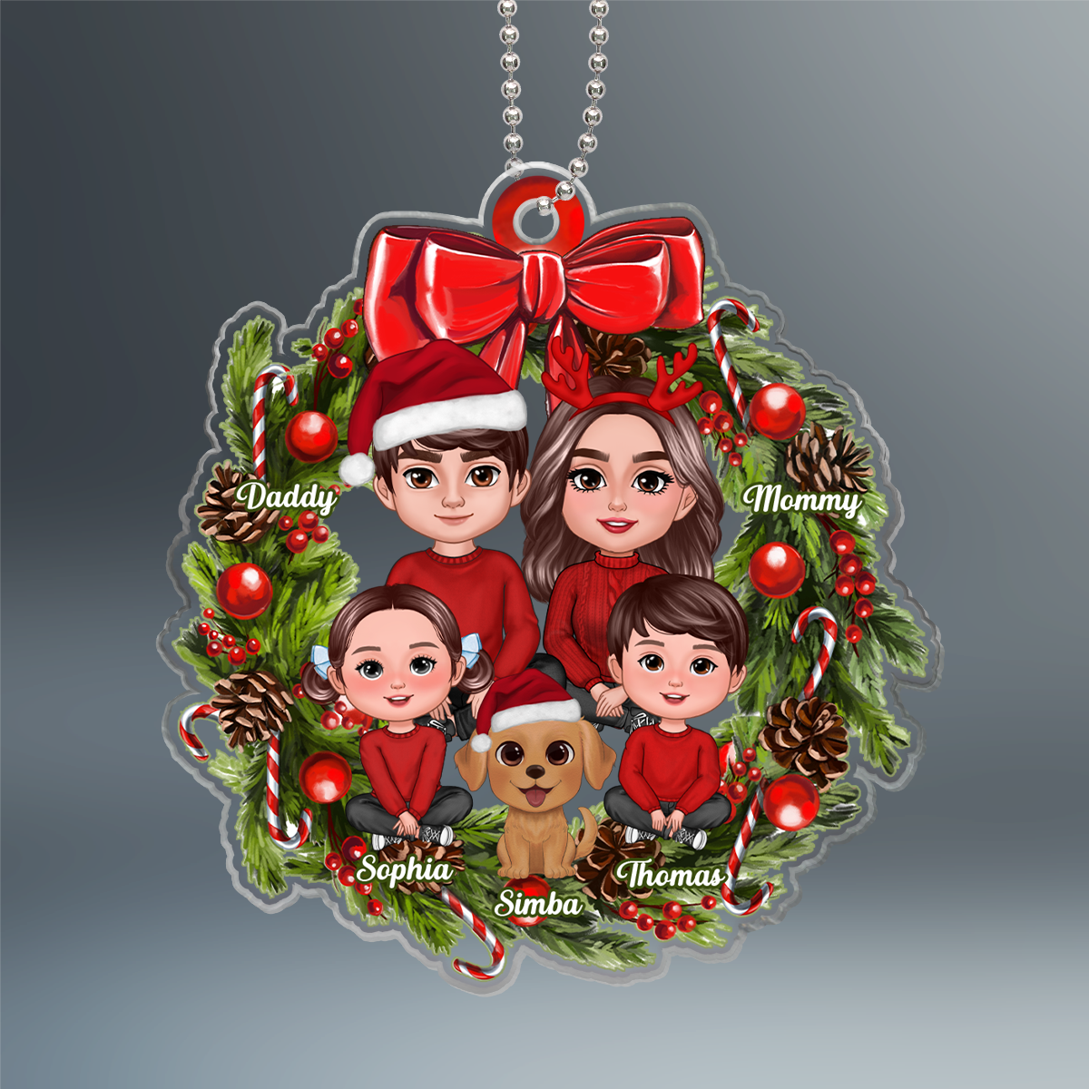 Crossed Legs Family Sitting On Chritmas Wreath Personalized Acrylic Ornament