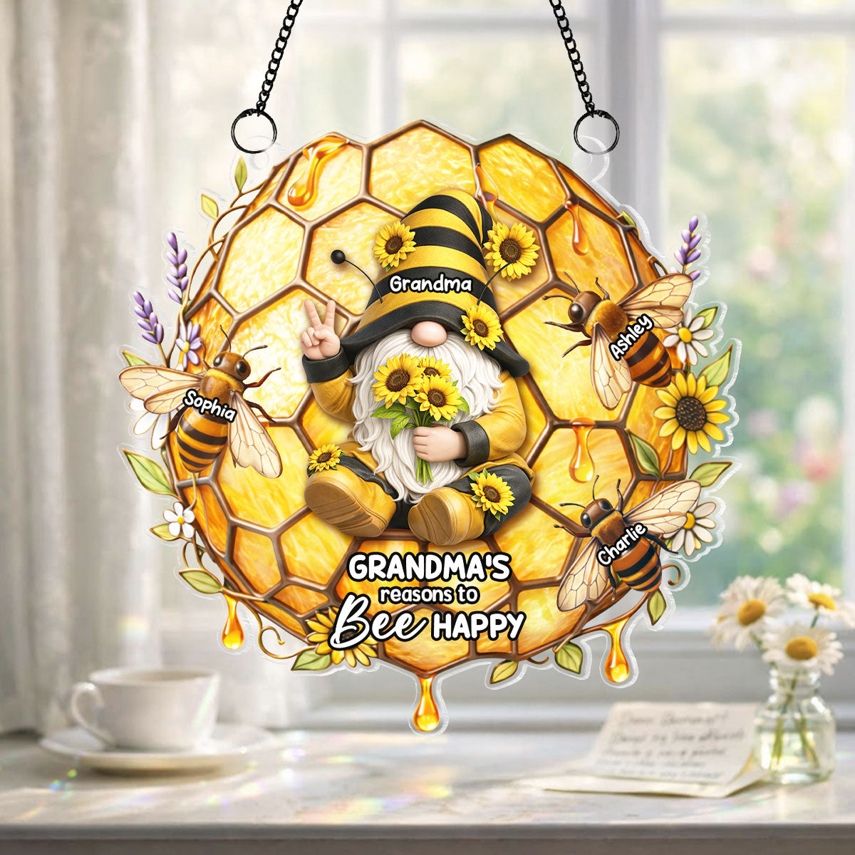 Grandma Grandkids Bee Happy - Personalized Suncatcher - Gift For Grandma