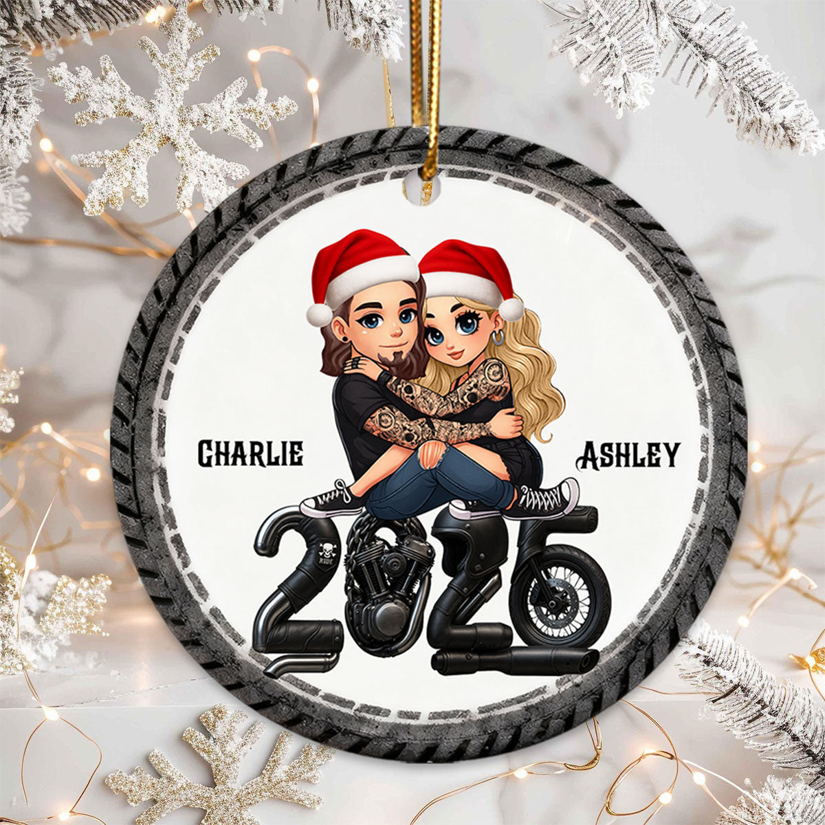 3D Effect Biker Couple Christmas - Personalized Ceramic Ornament - Gift For Bikers, Gift For Him, For Her
