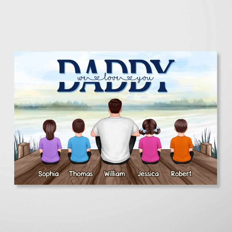 Dad And Kids Sitting Back View Lake Personalized Horizontal Poster