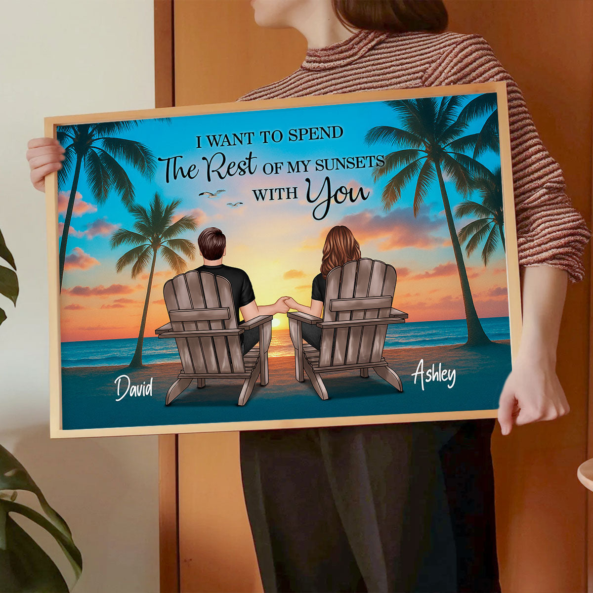 Couple Beach Sunset Under Tree Palm Personalized Poster, Anniversary gift for him, for her